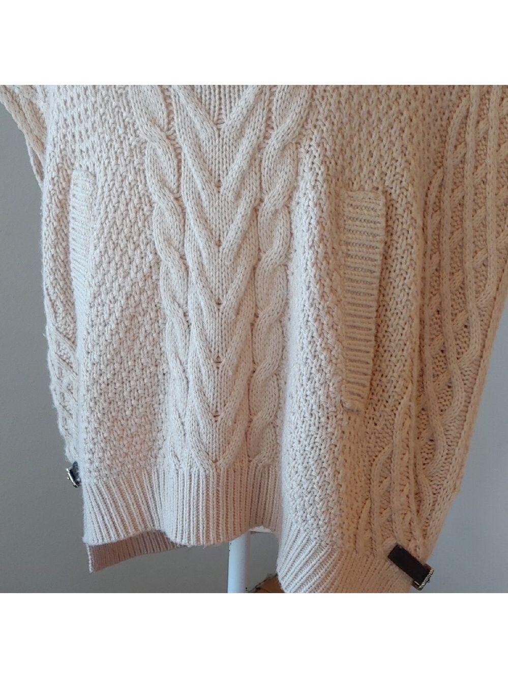 Saks Fifth Ave Wool Blend Cream Cable Knit Cowl Sweater with Side Belts Small - Picture 10 of 16